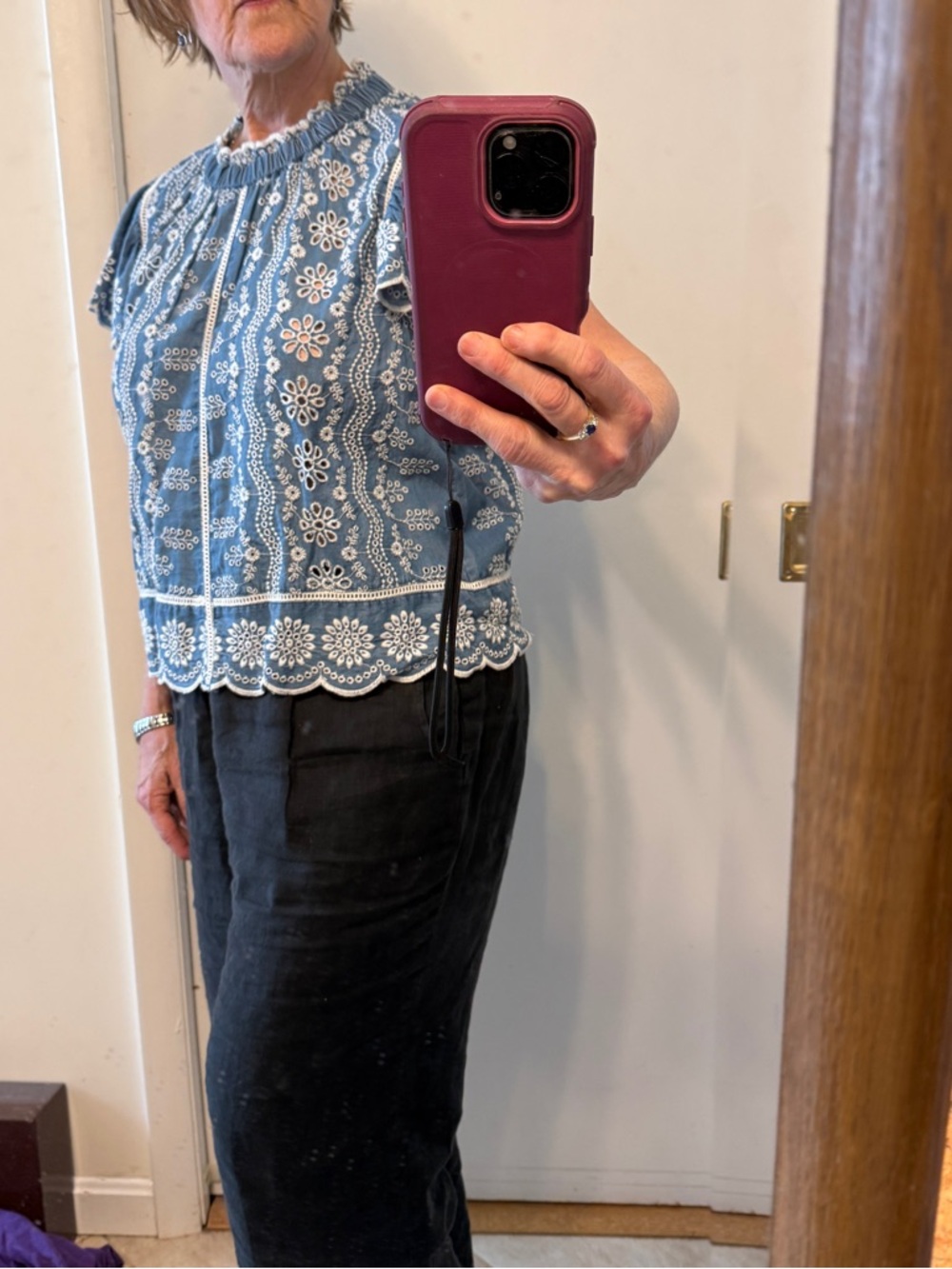 Blue Embroidered Eyelet Short-Sleeve crop Top